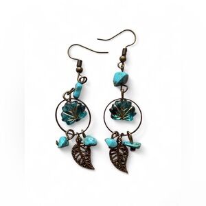 Handmade Boho Turquoise & Bronze Leaf Drop Earrings - Lightweight Nature Vibe